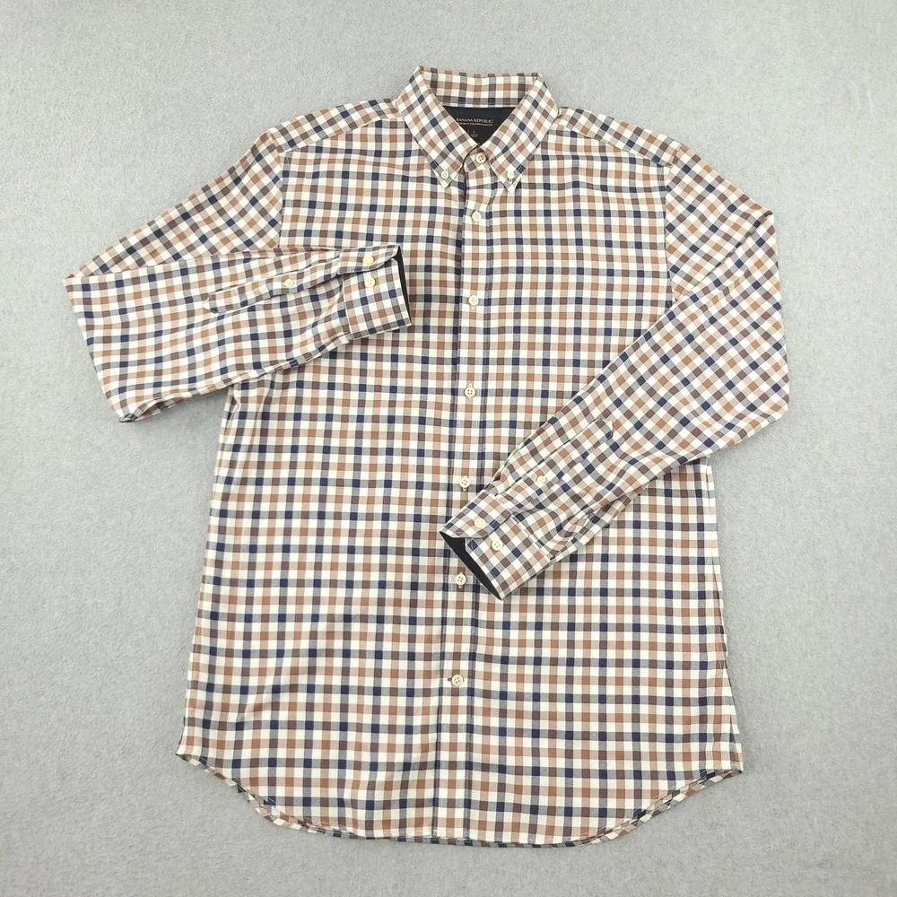 Banana Republic Dress Shirt Mens L Brown Navy Gingham Slim Fit Non Iron Oxford